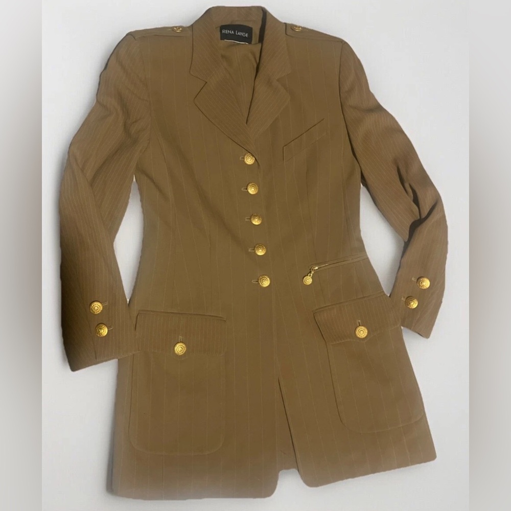 Rena Lange women’s Tan Blazer with Gold Accents Sz 36 size S rare unique